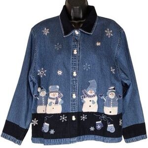 KEREN hart Denim Jacket with Snowman and Snowflake Embroidery